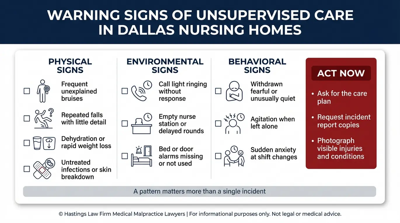Warning checklist of unsupervised care red flags for families considering a Dallas Nursing Home Supervision Lawyer including physical environmental and behavioral signs.