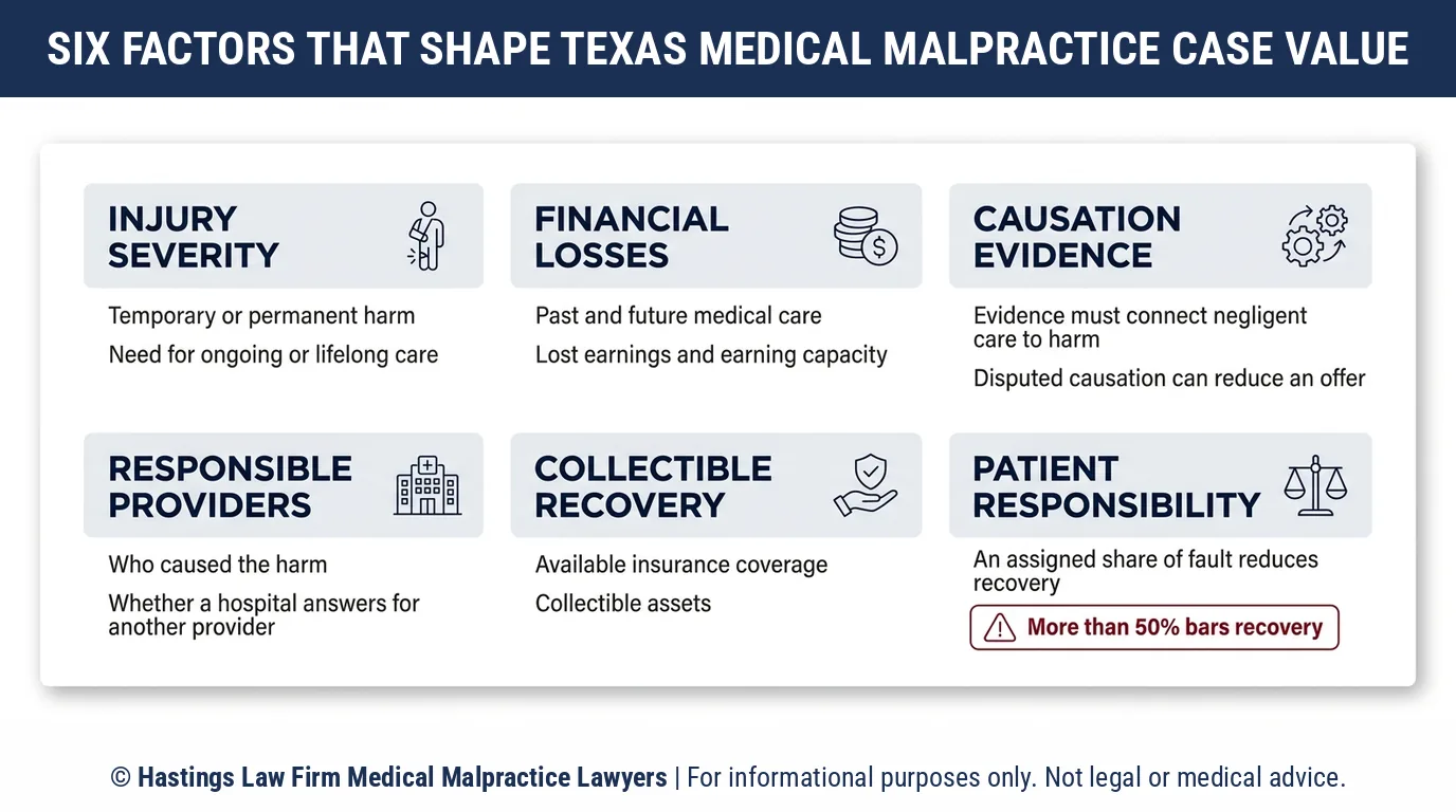 How do injury severity, evidence and insurance coverage affect Texas medical malpractice settlement amounts.