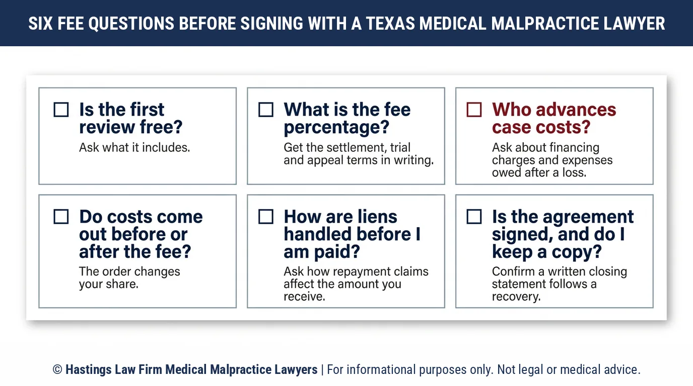 What to ask about the cost of a medical malpractice lawsuit before signing a Texas fee agreement.