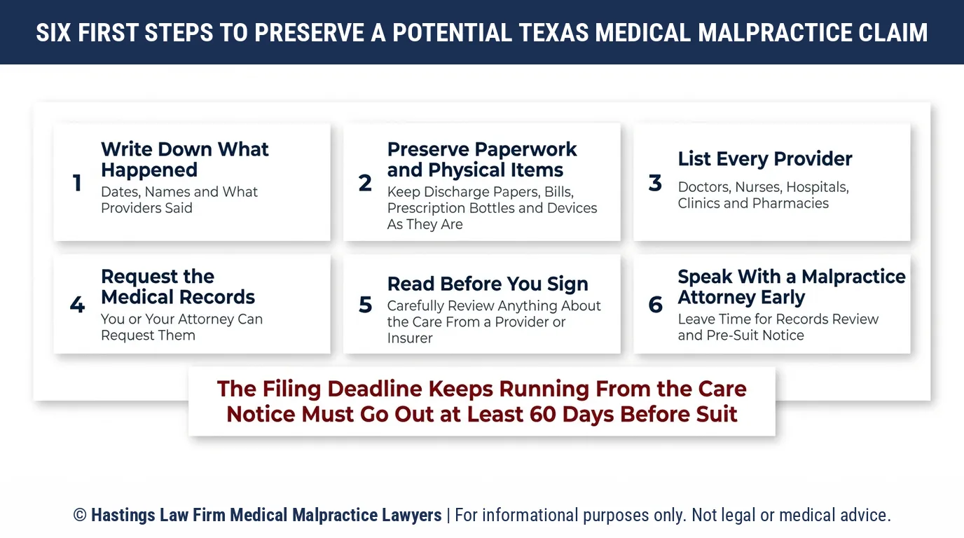 What records should a family gather first when thinking about filing a medical malpractice lawsuit in Texas.