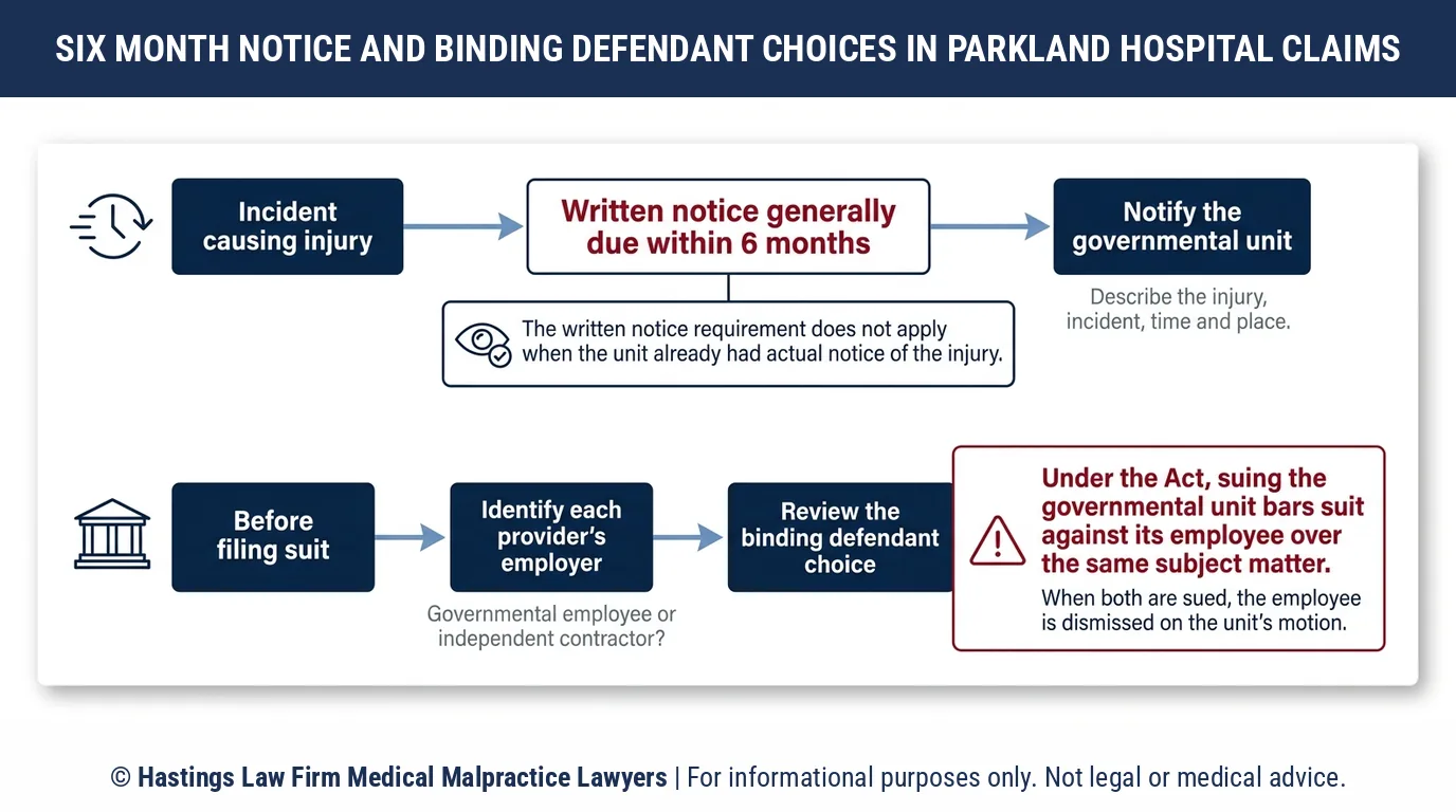 How long do I have to give notice to Parkland Hospital before a hospital negligence lawyer files suit.
