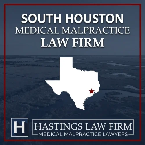 Los mejores abogados especializados en negligencia médica en el sur de Houston Texas Una imagen panorámica del sur de Houston Texas. Una estrella roja señala el lugar donde los abogados locales especializados en negligencia médica han ayudado a pacientes lesionados. El logotipo Hastings Law Firm aparece en la parte inferior.