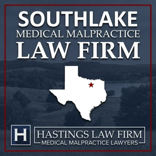 Los mejores abogados de negligencia médica en Southlake Texas Una escena de paisaje de Southlake Texas. Una estrella roja señala el lugar donde los abogados locales de negligencia médica han ayudado a pacientes lesionados. Logo The Hastings Law Firm aparece en la parte inferior.