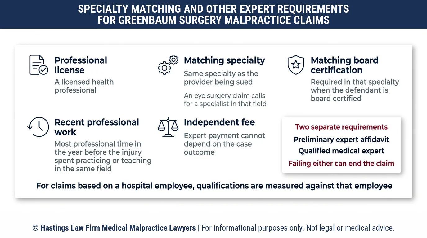 ¿Qué especialista médico necesita un abogado de negligencia médica para una reclamación por cirugía contra el HonorHealth Greenbaum Surgical Specialty Hospital en Arizona?.