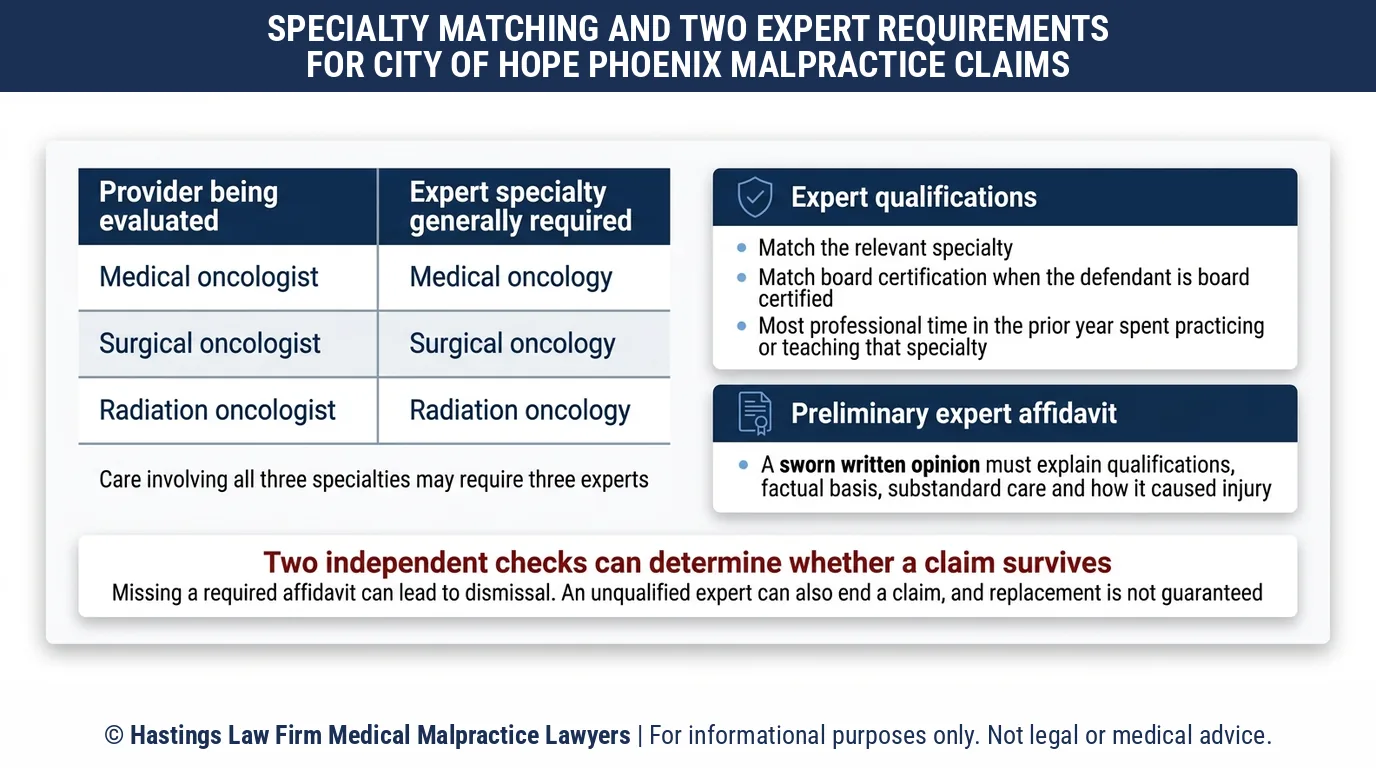 ¿Necesita un abogado especializado en negligencia hospitalaria un especialista en oncología de la misma especialidad para un reclamo del City of Hope Cancer Center de Phoenix?.