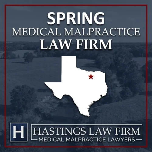 Los mejores abogados especializados en negligencia médica en Spring Texas Una imagen paisajística de Spring Texas. Una estrella roja señala el lugar donde los abogados locales especializados en negligencia médica han ayudado a pacientes lesionados. El logotipo de Hastings Law Firm aparece en la parte inferior.