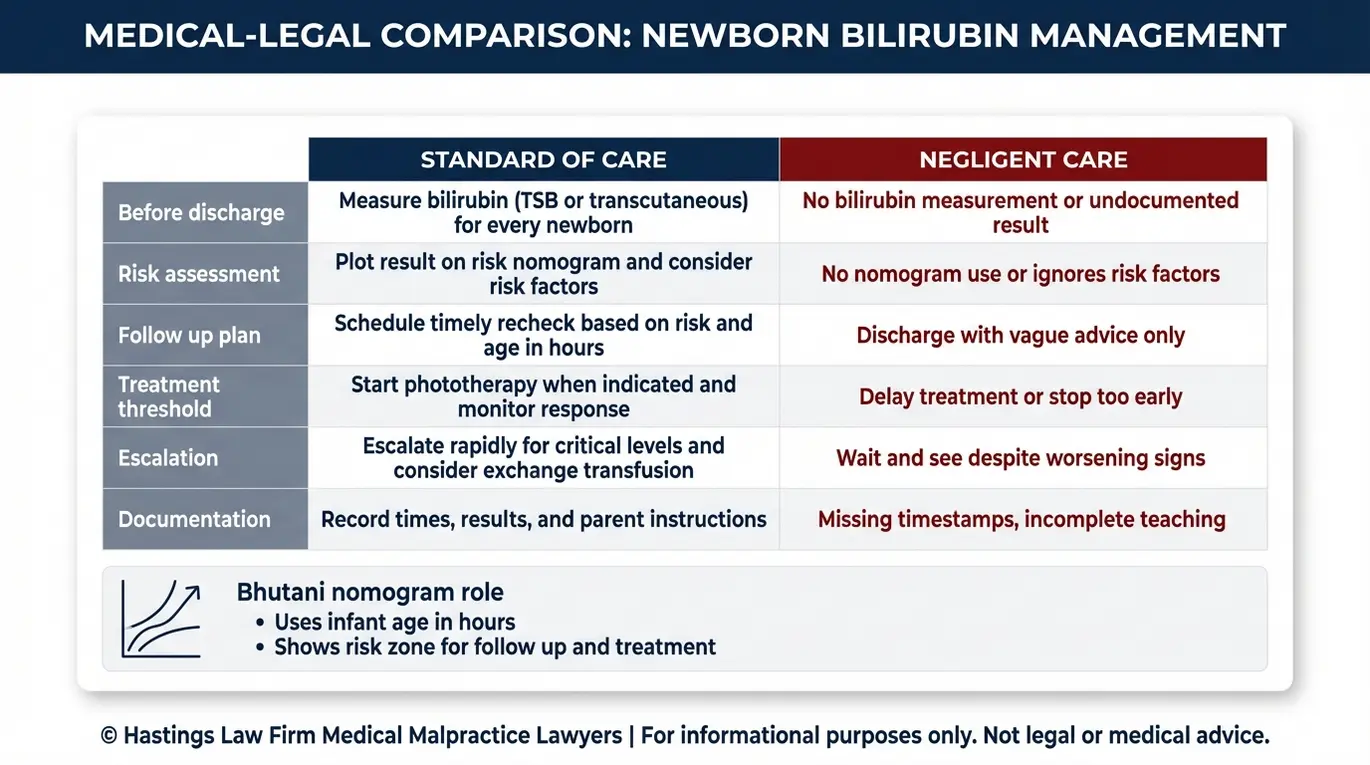 Tabla comparativa elaborada por un abogado especializado en negligencia médica por kernicterus en Arizona, en la que se comparan los estándares de atención con la atención negligente en lo que respecta a las pruebas de detección de bilirrubina, el uso de nomogramas de riesgo, el seguimiento y la intensificación del tratamiento.