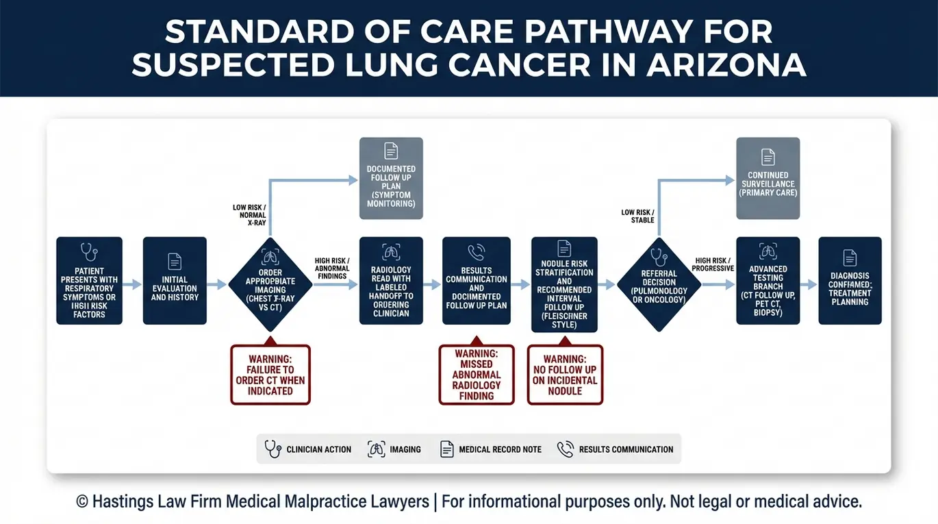 Diagrama de flujo que muestra el protocolo de atención médica estándar utilizado por un abogado especializado en casos de diagnóstico erróneo de cáncer de pulmón en Arizona para evaluar los retrasos en las pruebas de imagen, el seguimiento y los pasos de derivación en casos de sospecha de cáncer de pulmón.