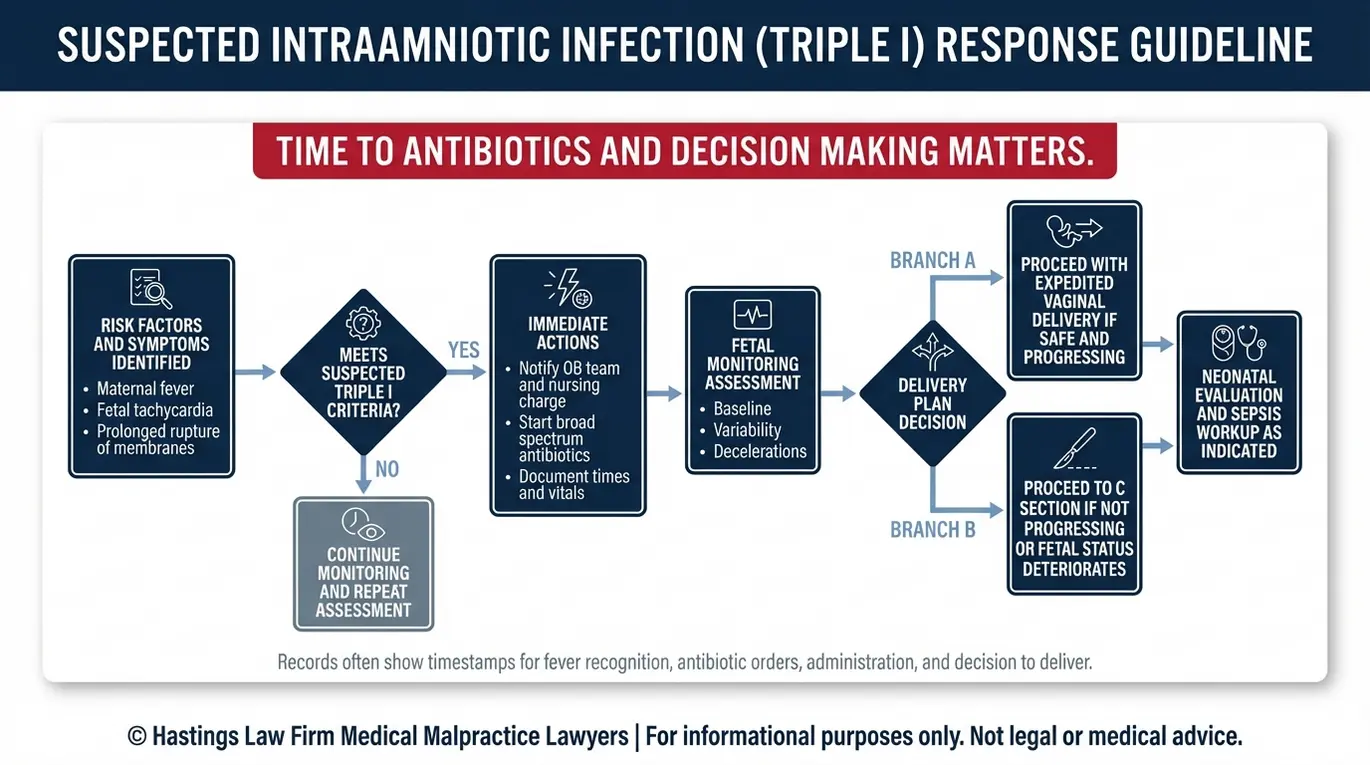 Process flowchart showing the standard of care steps reviewed by a Texas Untreated Chorioamnionitis Lawyer from suspected Triple I signs to immediate antibiotics fetal monitoring and expedited delivery decisions including C section when indicated.