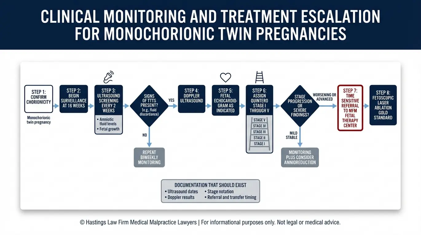 Process flowchart for Texas Twin To Twin Transfusion Syndrome Lawyer evaluation showing standard of care steps from confirming monochorionic twins to biweekly ultrasound screening Doppler and fetal echocardiogram Quintero staging referral timing and fetoscopic laser ablation.