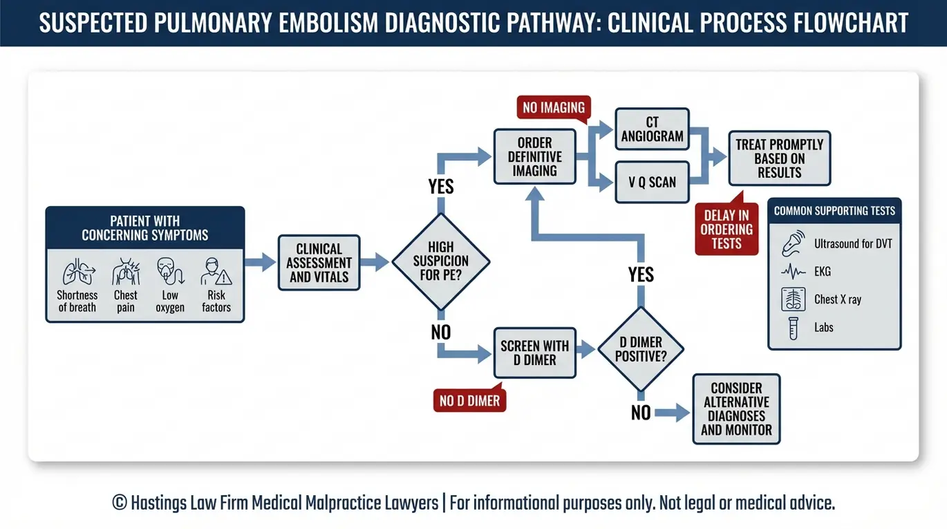 Diagrama de flujo del protocolo estándar para el diagnóstico de la embolia pulmonar mediante el uso de dímero D y angiografía por tomografía computarizada, con los puntos de decisión relevantes para una demanda por negligencia profesional presentada contra un neumólogo de Arizona.