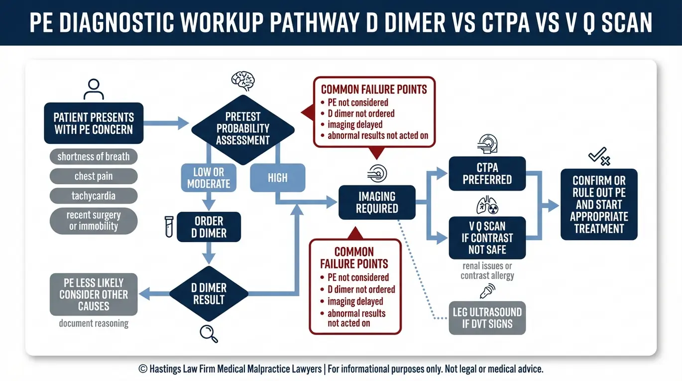 Process flowchart of the pulmonary embolism standard of care diagnostic pathway including pretest probability assessment D dimer testing CTPA or V Q imaging for an Arizona Pulmonary Embolism Malpractice Lawyer guide.