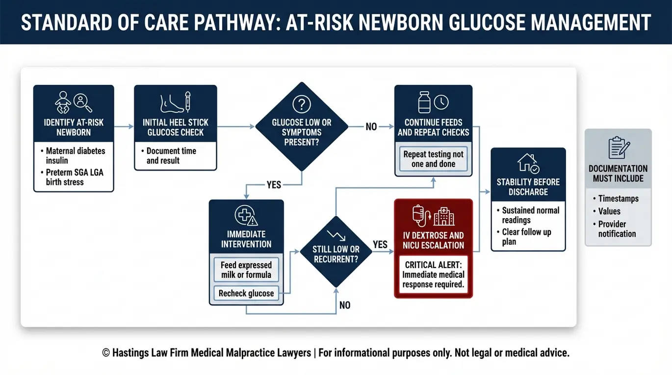 Process flowchart of the neonatal hypoglycemia standard of care from risk identification to heel stick testing, repeat checks, feeding, IV glucose, NICU escalation, and safe discharge for an Arizona Untreated Infant Hypoglycemia Lawyer case review.