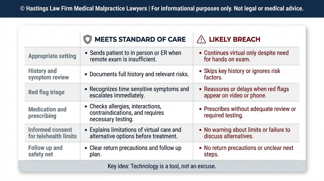 Tabla comparativa que explica los estándares de atención de los abogados especializados en negligencia médica en telesalud de Arizona frente a posibles incumplimientos en las consultas virtuales, incluyendo la clasificación de pacientes, la prescripción de medicamentos, el consentimiento informado y el seguimiento.