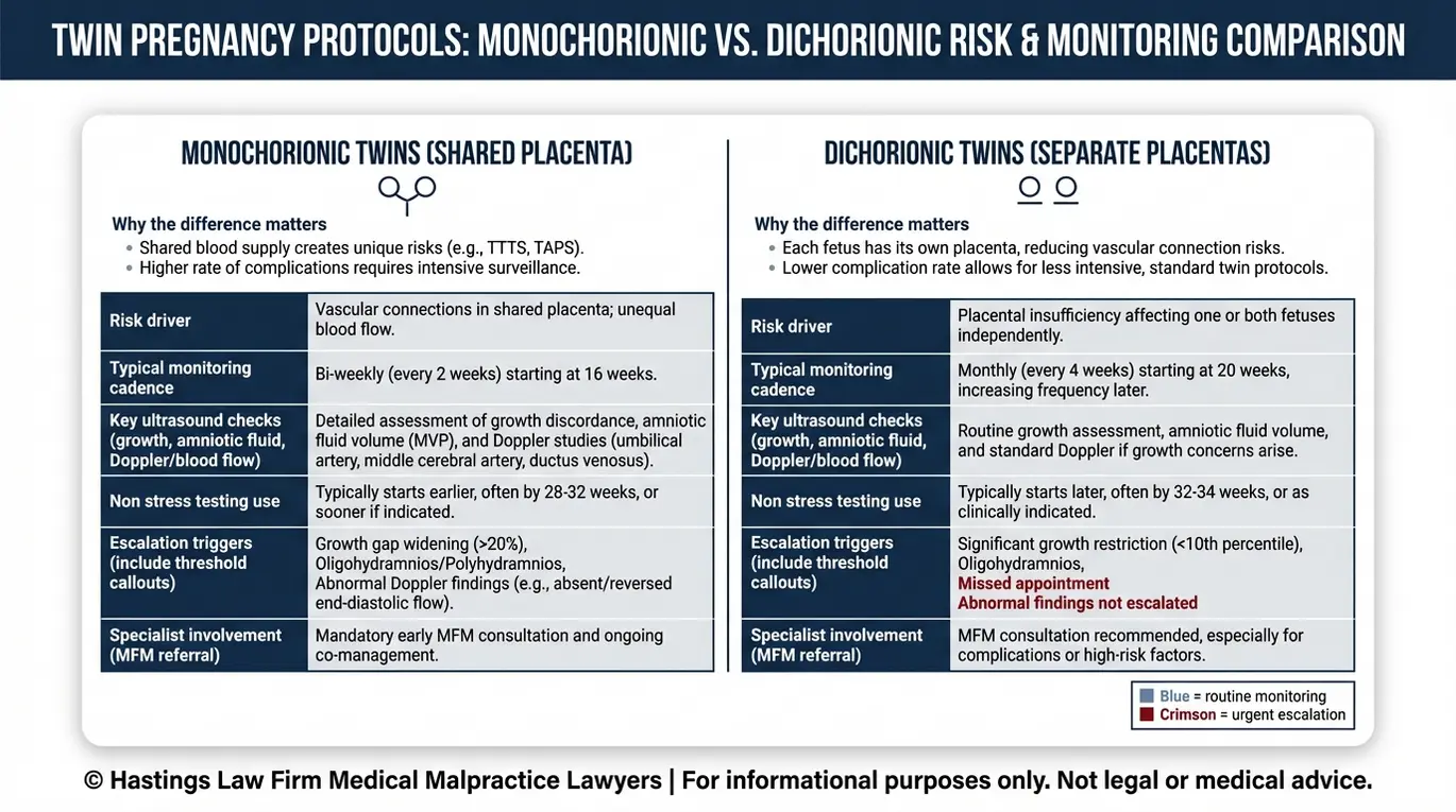 Comparison chart showing the standard of care monitoring schedule for monochorionic versus dichorionic twins and key escalation triggers in a Texas Discordant Twin Growth Negligence Lawyer case.