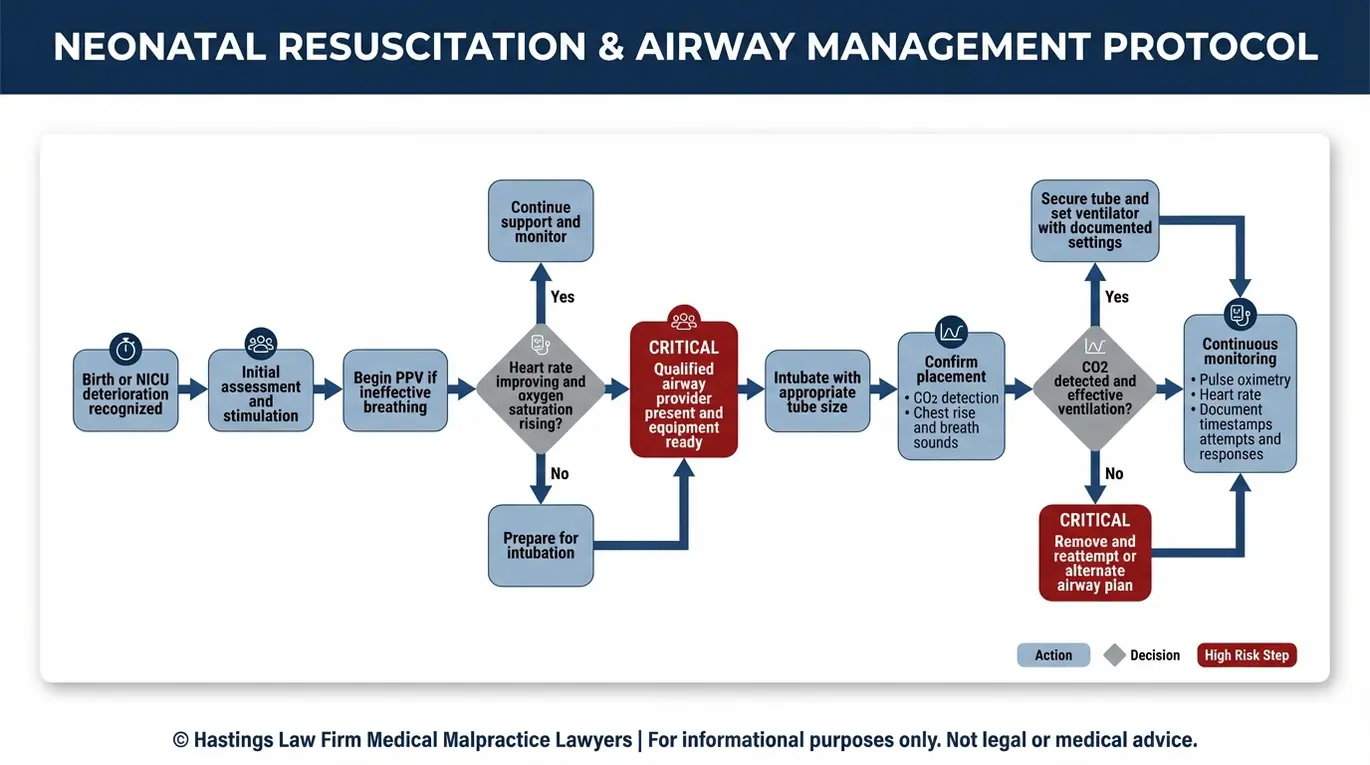 Process flowchart showing NRP standard of care steps for neonatal airway management including PPV intubation confirmation with CO2 detection and continuous monitoring for readers seeking a Texas Infant Intubation Injury Lawyer.
