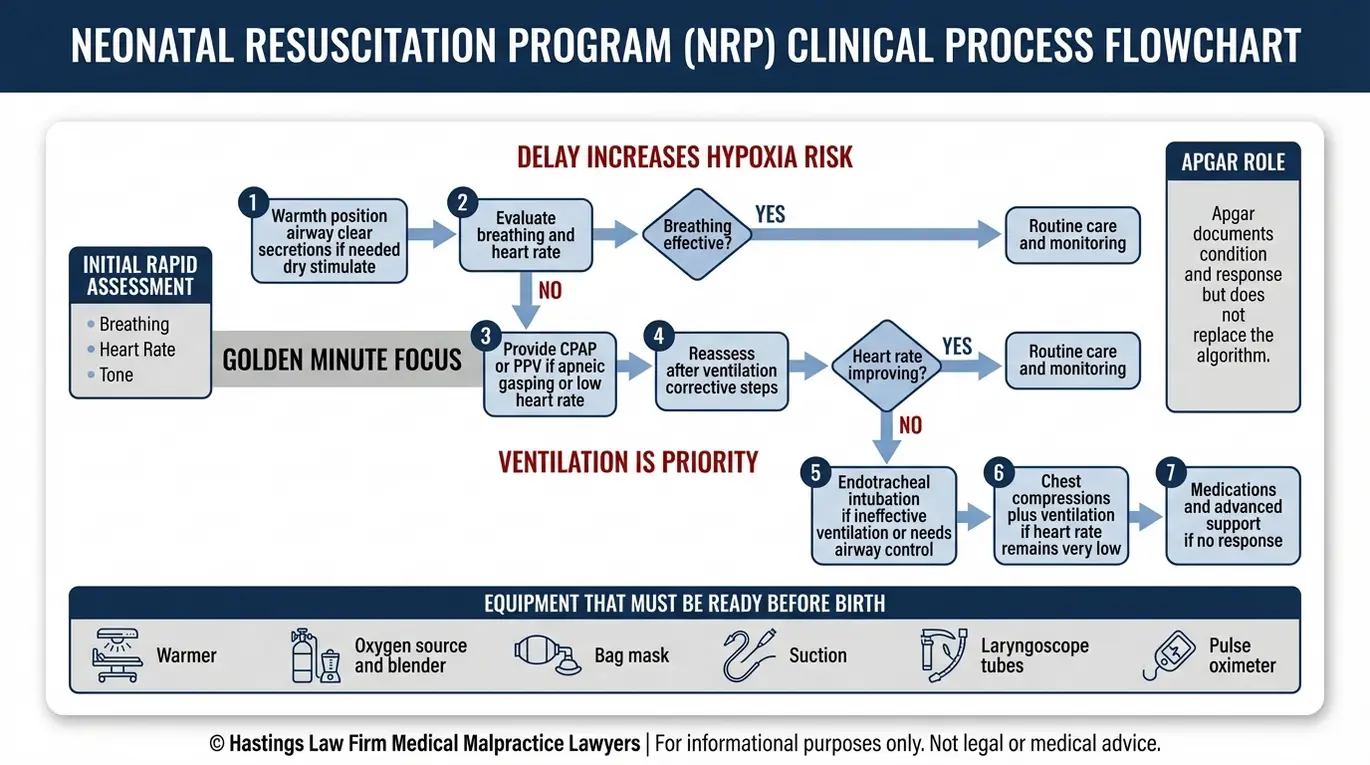 Flowchart summarizing the Neonatal Resuscitation Program steps and decision points that an Arizona Infant Resuscitation Error Lawyer reviews to assess whether standard of care actions like PPV intubation and compressions were timely.