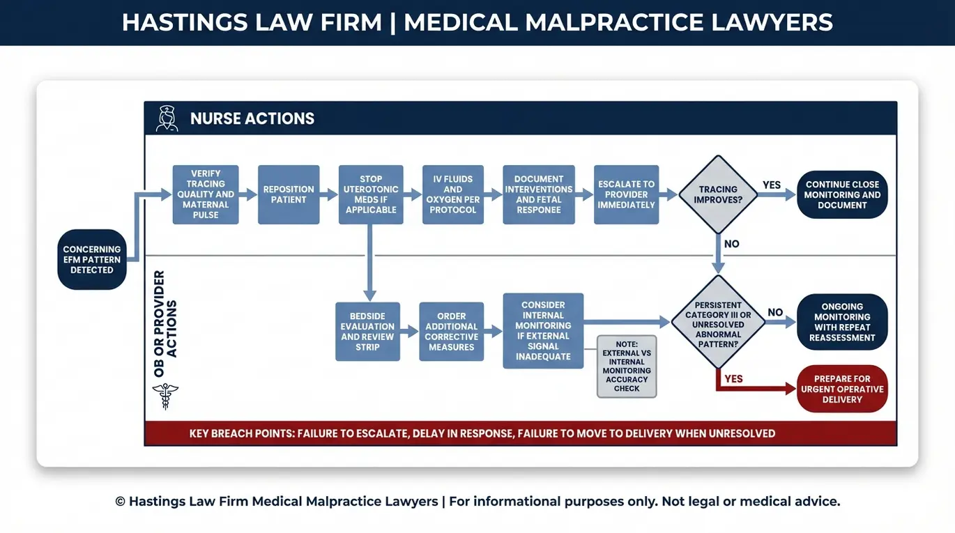 Process flowchart showing nurse and obstetrician standard of care steps for responding to fetal distress on monitoring for a Texas Fetal Monitoring Malpractice Lawyer evaluation.