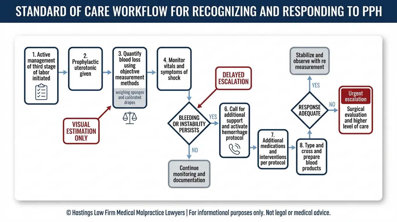 Process flowchart showing postpartum hemorrhage standard of care steps used by a Texas Postpartum Hemorrhage Lawyer to evaluate delays and protocol failures.
