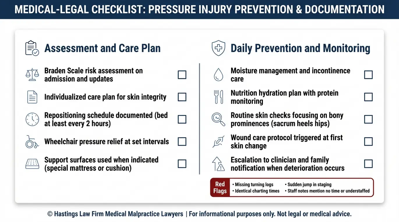 Bedsore prevention standard of care checklist covering Braden Scale assessment, turning schedules, support surfaces, nutrition, and red flags used by Arizona Nursing Home Bedsores Lawyers to evaluate nursing home neglect.