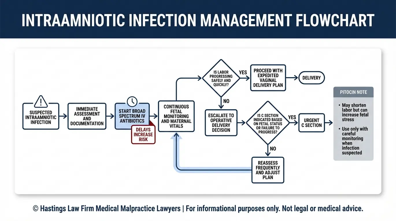Diagrama de flujo que muestra los pasos del protocolo de atención estándar ante una sospecha de infección en Arizona. Reclamaciones legales por corioamnionitis no tratada, que incluyen la administración inmediata de antibióticos por vía intravenosa, la monitorización fetal y los puntos de decisión para un parto acelerado o una cesárea.