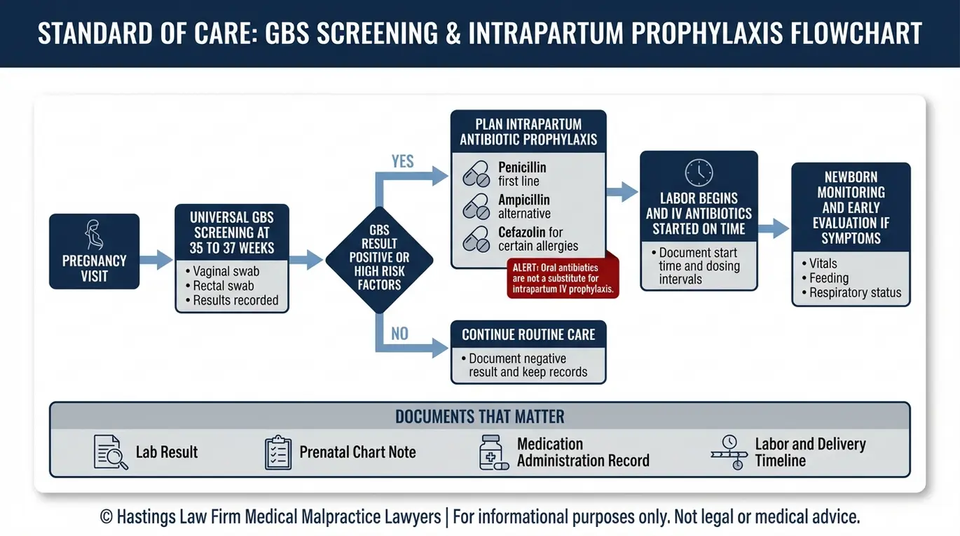 Flowchart summarizing GBS standard of care from 35 to 37 week screening to intrapartum IV antibiotics and newborn monitoring as assessed in a Texas Group B Streptococcus Birth Injury Lawyer case review.