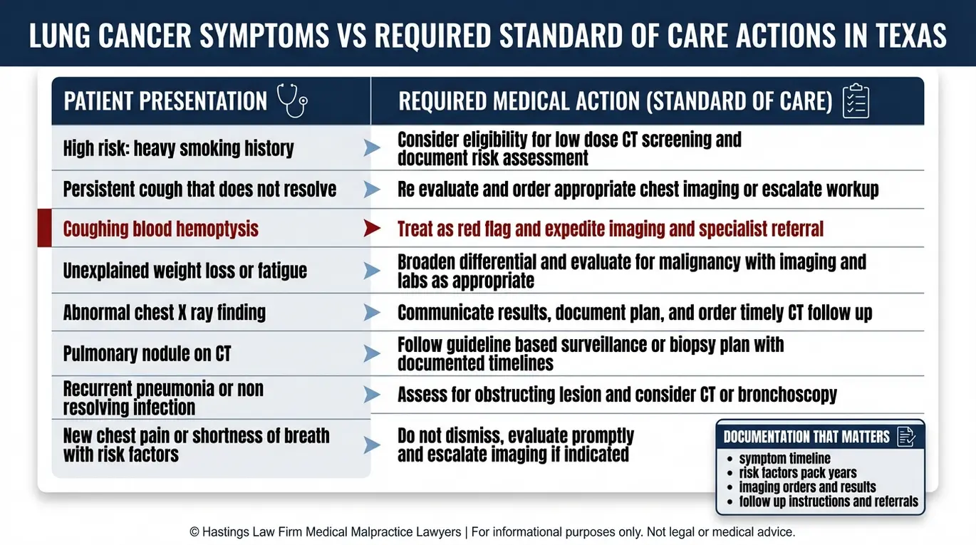Comparison chart showing lung cancer symptoms and risk factors versus the standard of care actions in a Texas Lung Cancer Misdiagnosis Lawyer case.