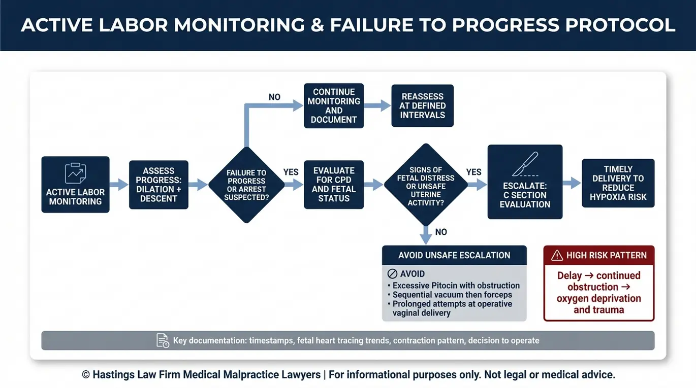 If then flowchart showing standard of care steps and decision points for suspected cephalopelvic disproportion that a Texas Cephalopelvic Disproportion Injury Lawyer uses to analyze delivery negligence.