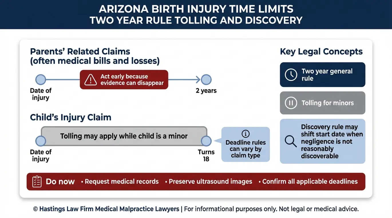 Timeline infographic showing Arizona birth injury statute of limitations basics including the two year rule and possible minor tolling for families consulting an Arizona Velamentous Cord Insertion Lawyer.