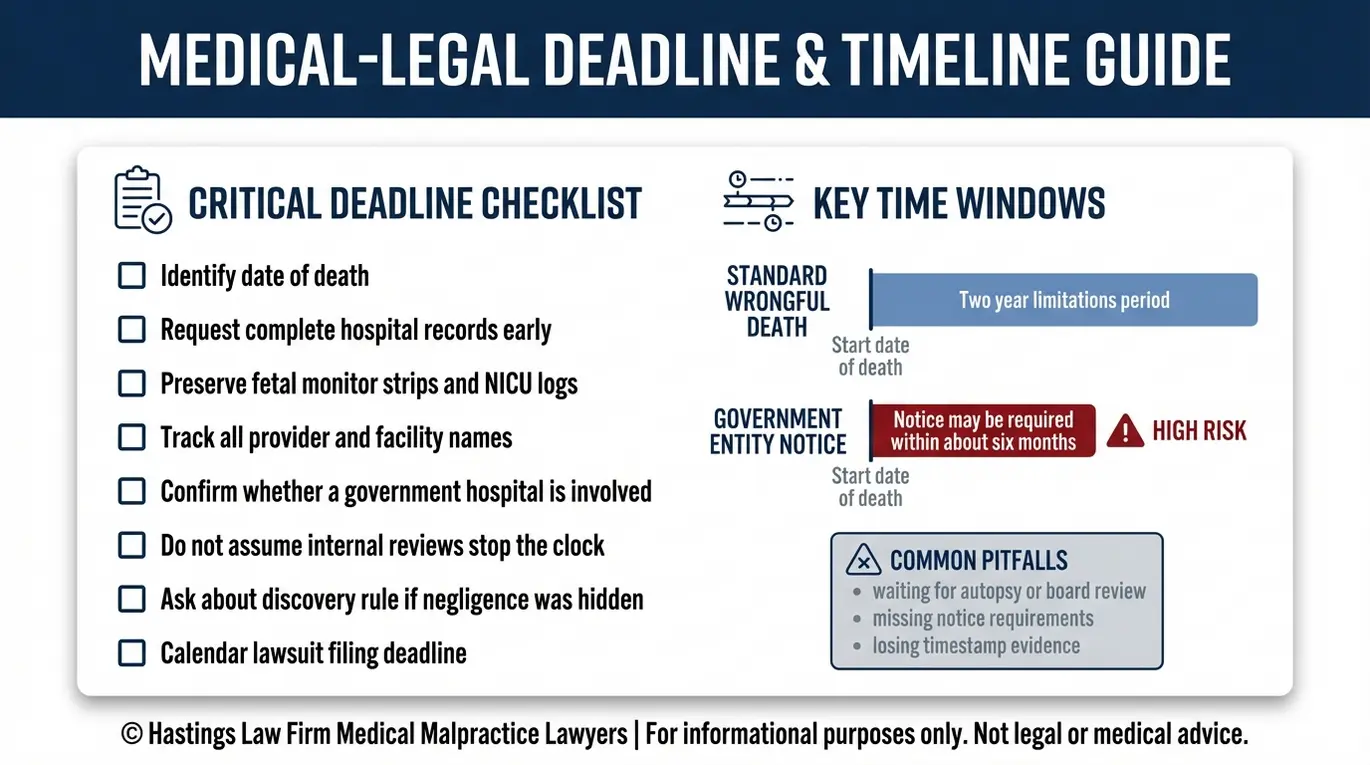 Warning checklist and timeline of statute of limitations and government notice issues for a Texas Infant Wrongful Death Lawyer handling an infant death claim.