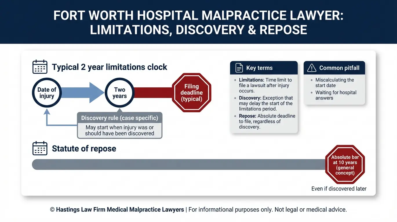 Timeline infographic for a Fort Worth hospital malpractice lawyer explaining the two year statute of limitations the discovery rule concept and the ten year statute of repose.