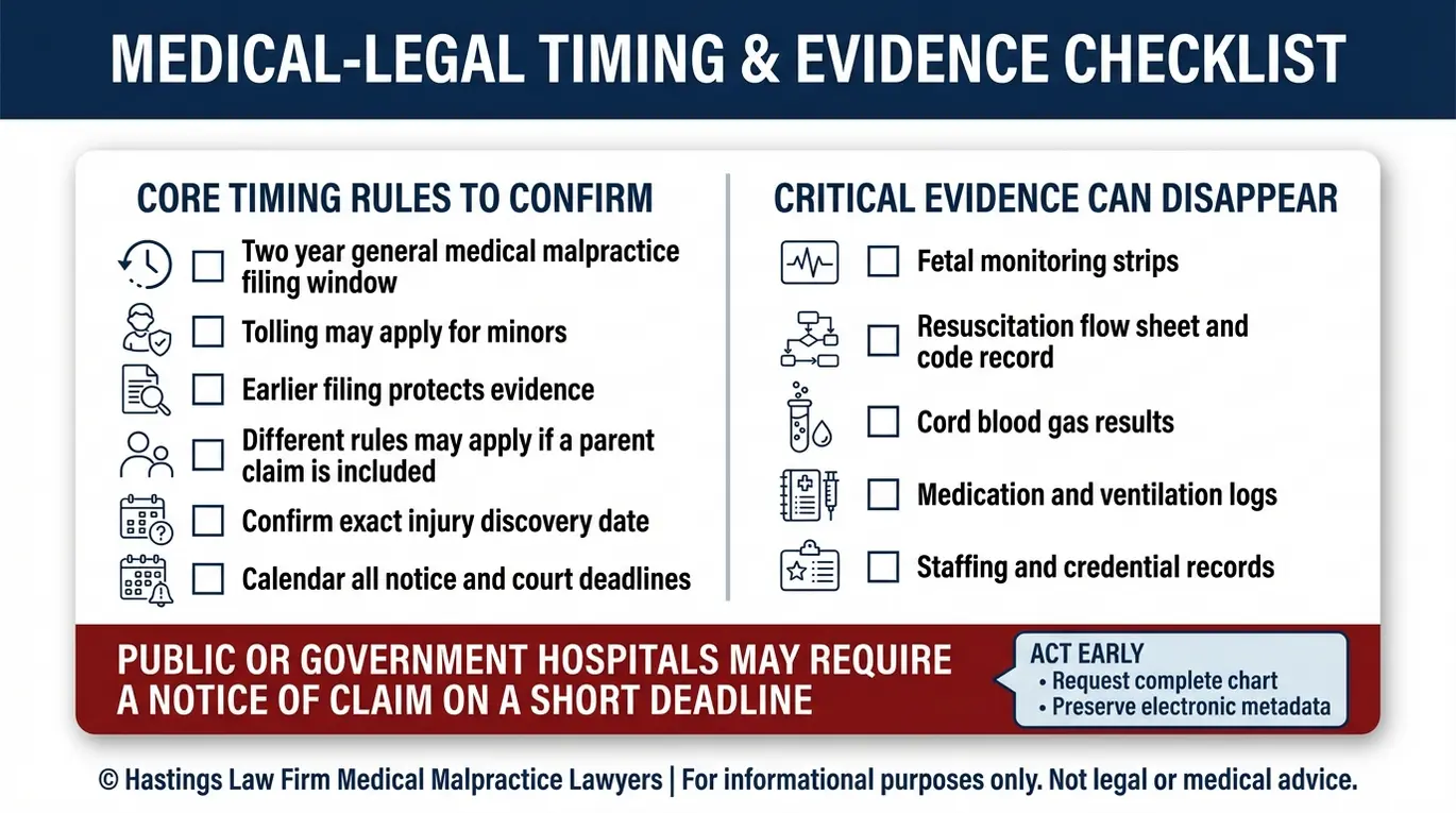 Checklist of Arizona birth injury filing deadline considerations and evidence preservation steps that an Arizona Infant Resuscitation Error Lawyer uses including standard limitation periods minor tolling and public hospital notice requirements.