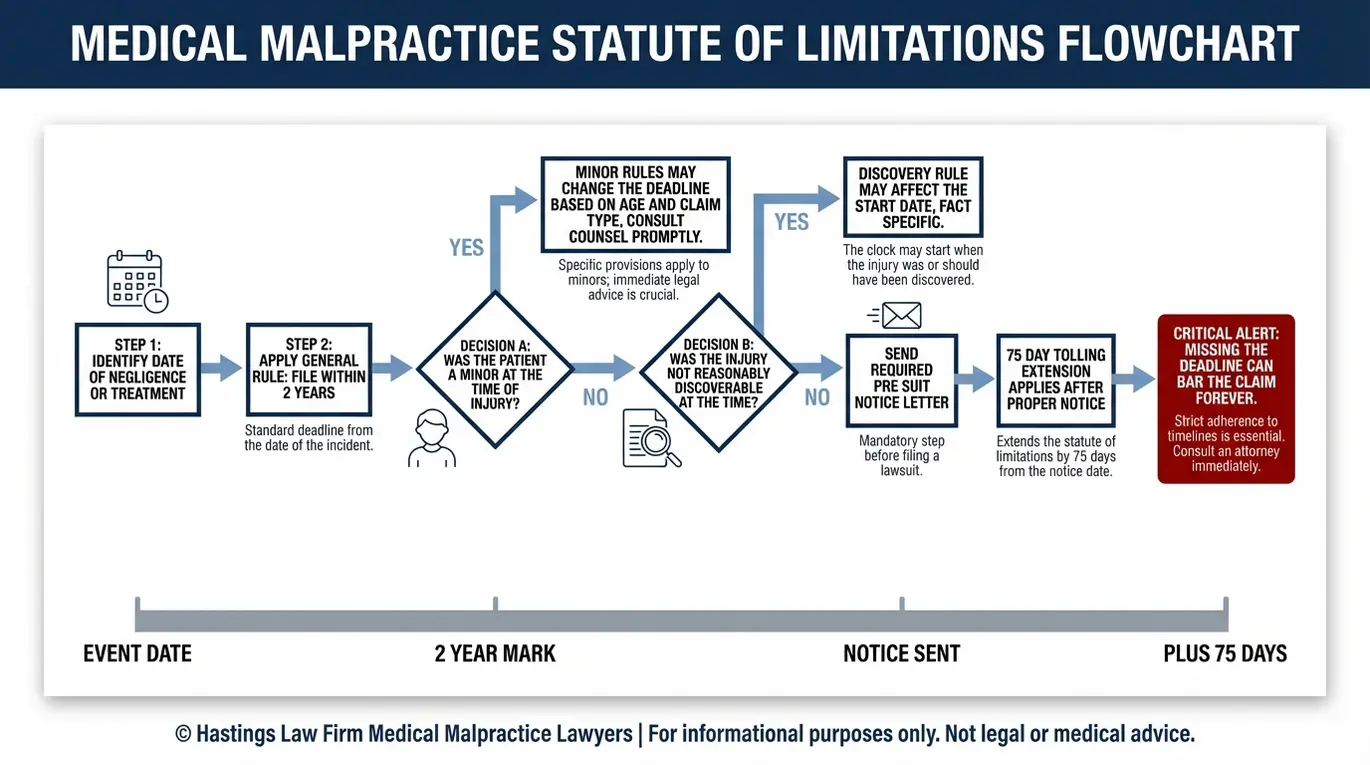 Process flowchart for a Texas Respiratory Therapist Malpractice Lawyer showing the Texas statute of limitations logic with a two year rule decision points for minors and discovery rule and a 75 day tolling notice step.