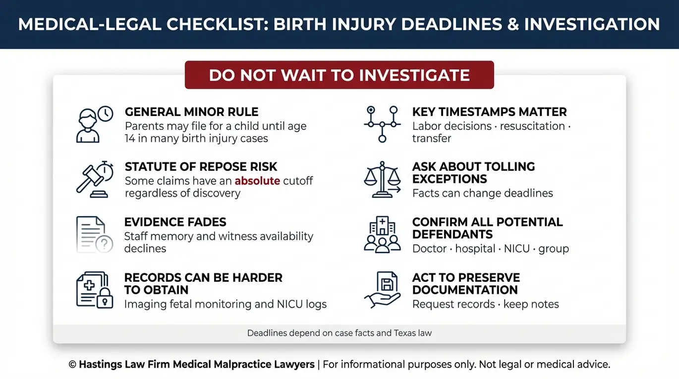 Warning checklist for a Texas Periventricular Leukomalacia Lawyer summarizing PVL claim deadline considerations in Texas including minor filing time limits statute of repose concerns and urgent evidence preservation steps.