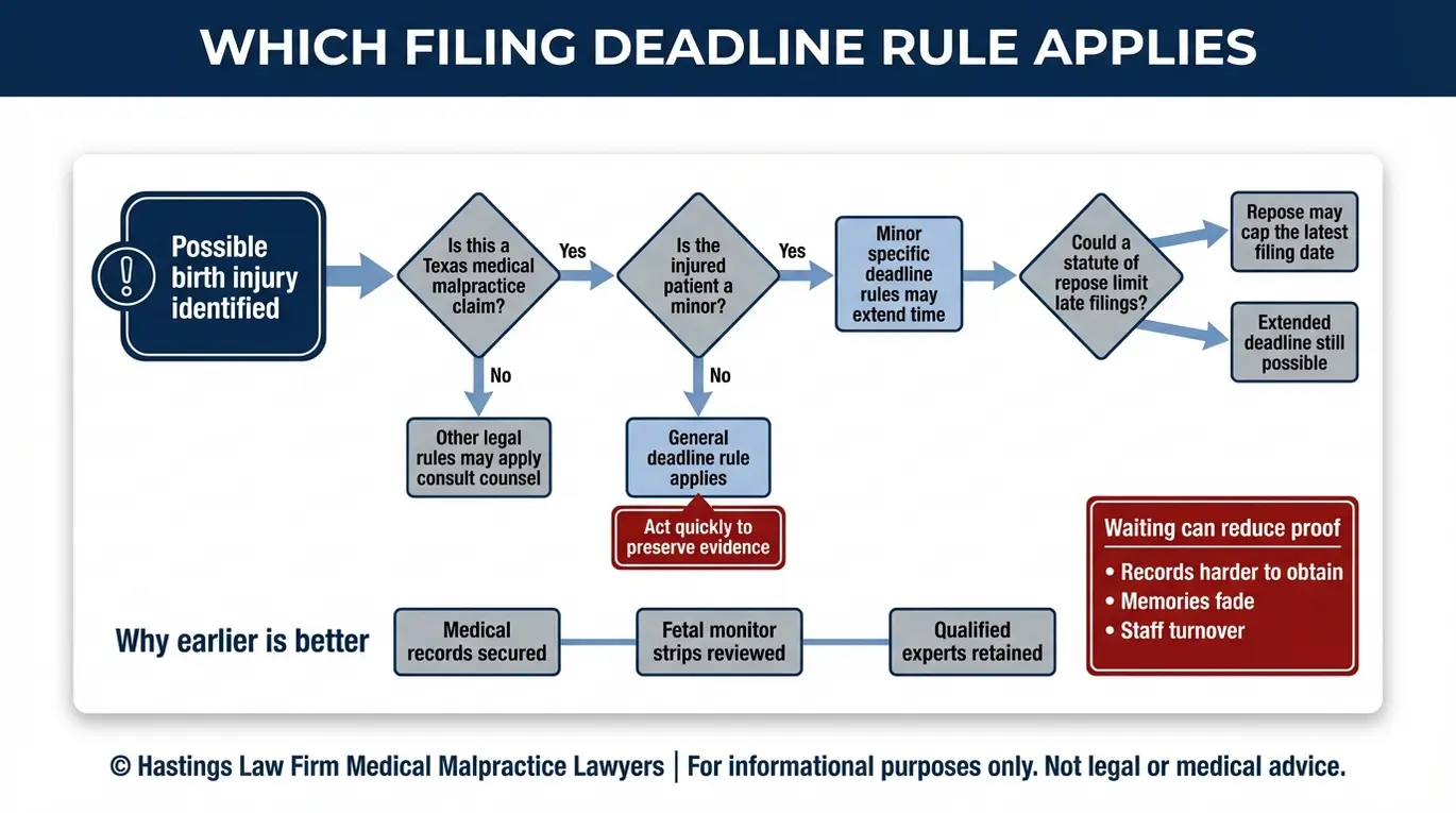 Process flowchart showing how a Dallas Birth Injury Lawyer screens Texas birth injury statute of limitations questions including minor tolling statute of repose and why early action preserves records.
