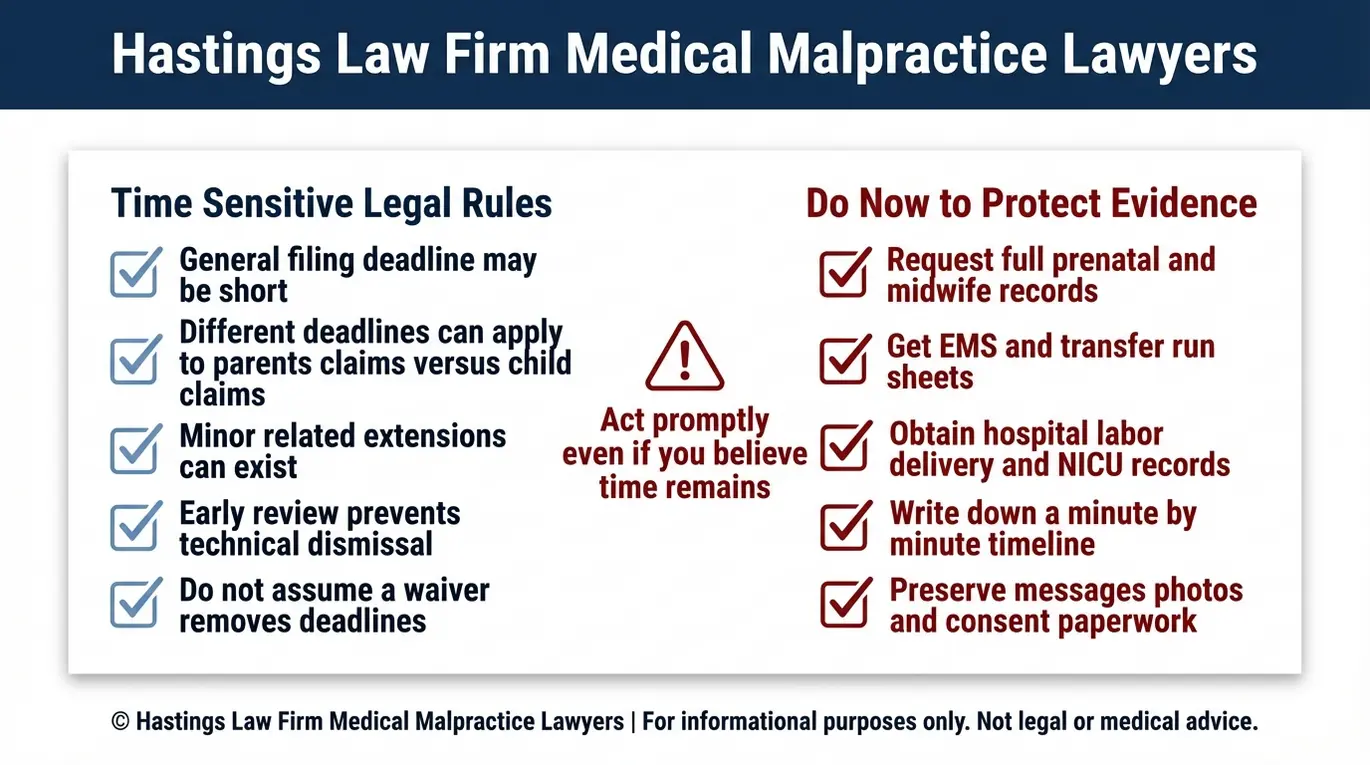 Warning checklist for a Texas Home Birth Negligence Lawyer summarizing statute of limitations timing issues and immediate evidence preservation steps for a potential birth injury claim.