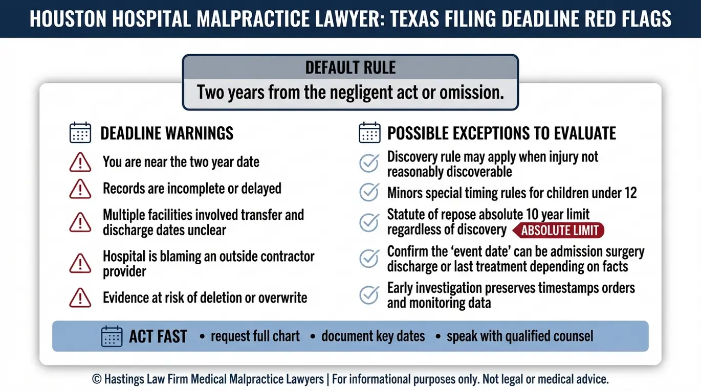 Lista de verificación con las advertencias que resume las directrices sobre los plazos de prescripción de los abogados especializados en negligencia médica del Hospital de Houston en Texas, incluyendo la regla de los dos años, las consideraciones relativas a la regla del descubrimiento, las excepciones menores y el plazo de prescripción de 10 años.