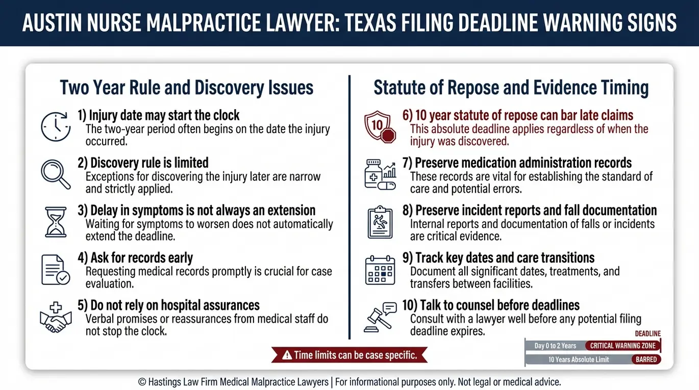 Warning checklist summarizing Texas medical malpractice filing deadlines relevant to an Austin Nurse Malpractice Lawyer including two year limitations, discovery issues, and the 10 year statute of repose.