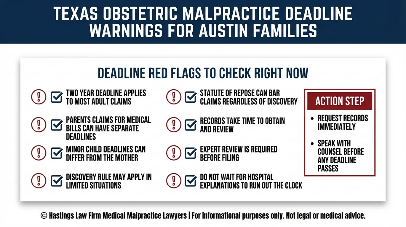 Lista de verificación de advertencias que resume los indicios de prescripción en casos de negligencia obstétrica Texas, relevante para una consulta con un abogado especializado en negligencia obstétrica y ginecológica de Austin.