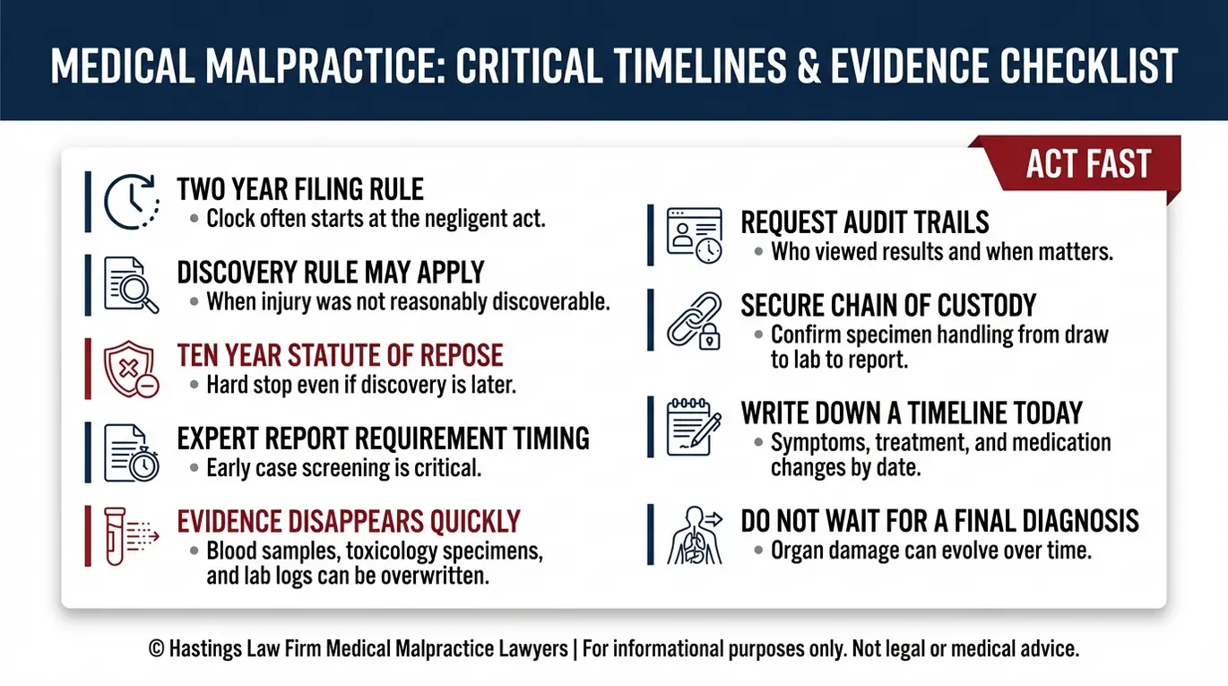 Warning checklist for a Texas Toxicologist Malpractice Lawyer summarizing toxicology malpractice filing deadlines discovery rule considerations and urgent evidence preservation steps.