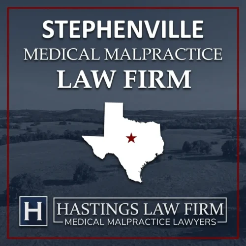 Los mejores Abogados de Negligencia Médica en Stephenville Texas Una escena de paisaje de Stephenville Texas. Una estrella roja señala el lugar donde los abogados locales de negligencia médica han ayudado a pacientes lesionados. Logo The Hastings Law Firm aparece en la parte inferior.