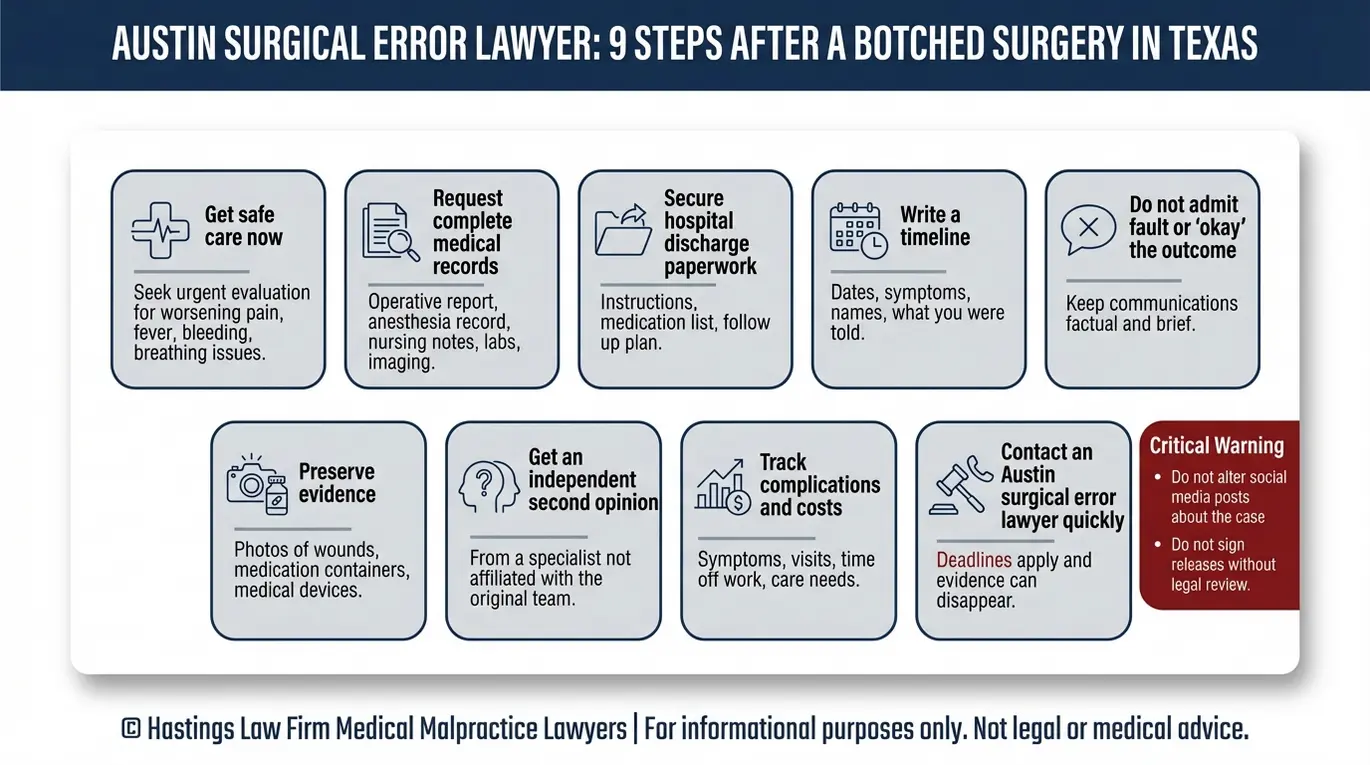 Lista de verificación con nueve medidas inmediatas que recomienda un abogado especializado en negligencia quirúrgica de Austin tras una cirugía mal realizada en Texas, entre las que se incluyen obtener el expediente médico, solicitar una segunda opinión, conservar las pruebas y evitar declaraciones perjudiciales.
