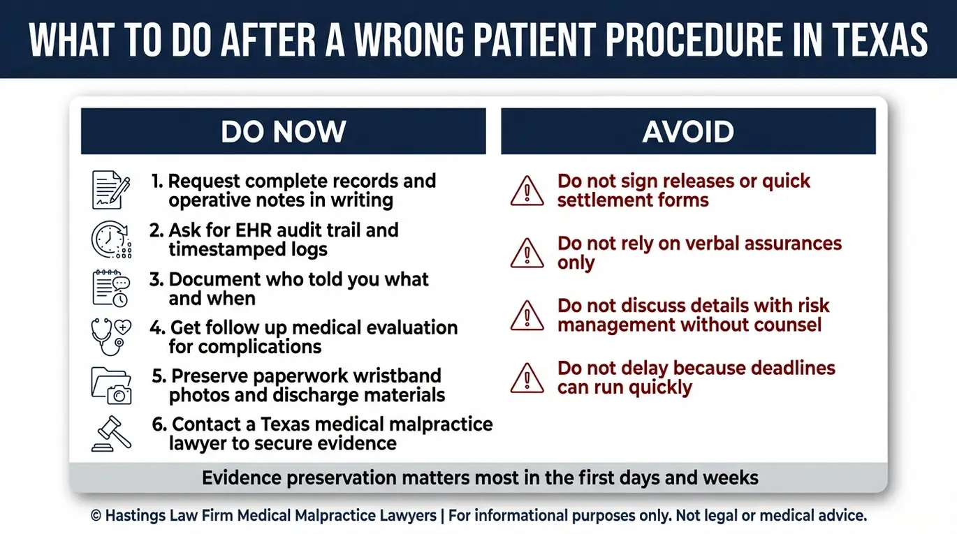 Checklist of immediate steps and avoid warnings for Texas Wrong Patient Surgery Malpractice including medical records requests, EHR audit trails, documentation, and avoiding early waivers.