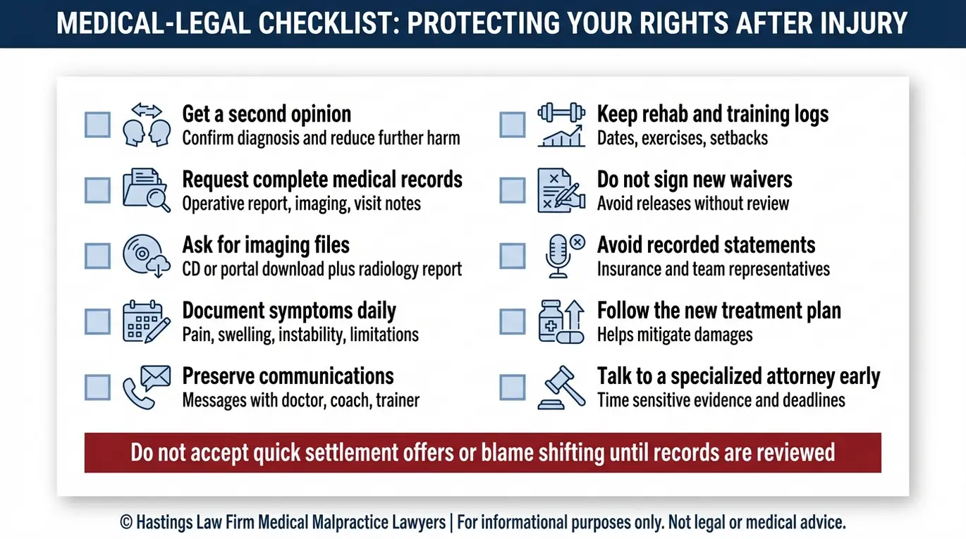 Warning checklist of steps after a failed sports procedure including medical records preservation and second opinion guidance relevant to an Arizona Sports Medicine Physician Malpractice Lawyer consultation.