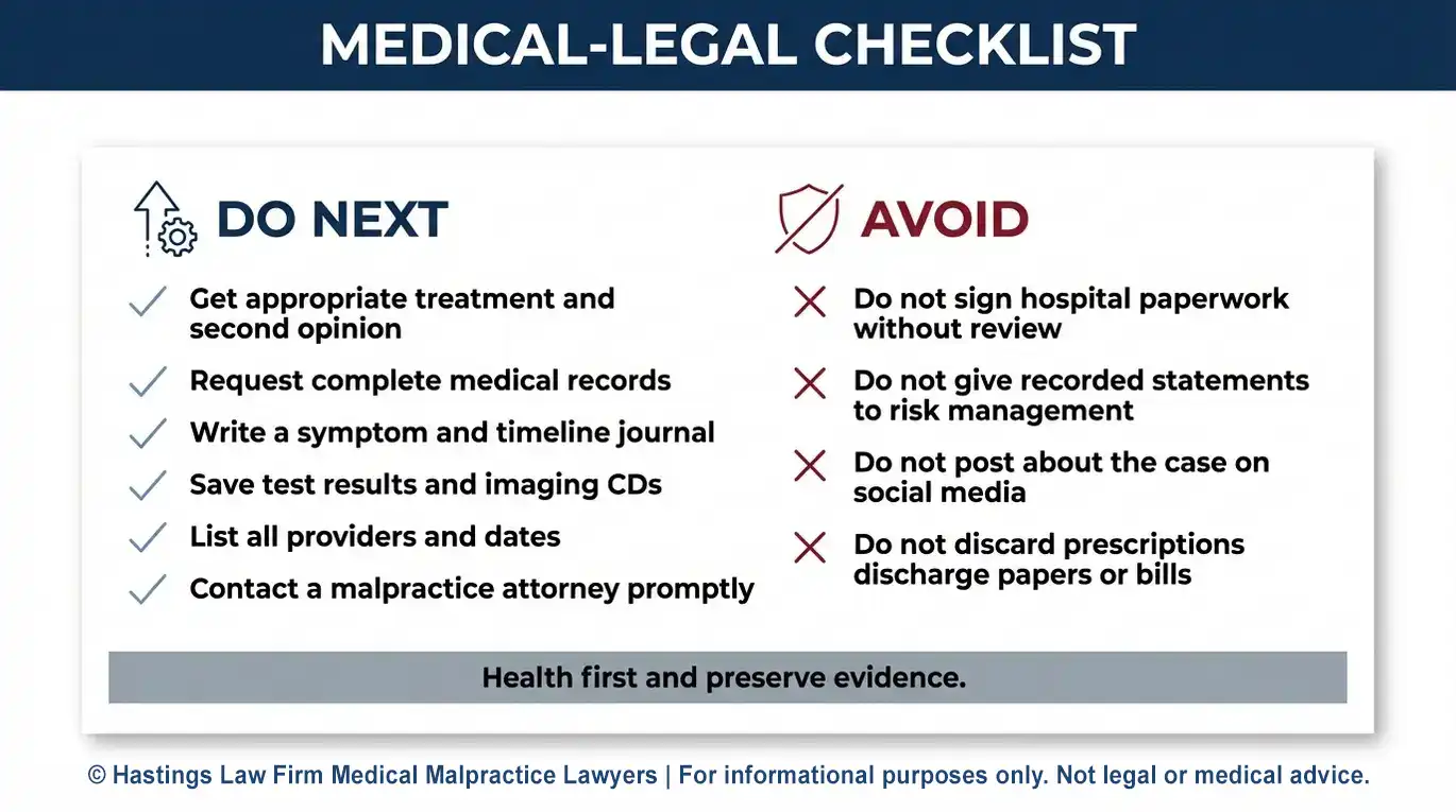 Lista de verificación con los pasos a seguir tras un diagnóstico erróneo para pacientes que buscan un abogado especializado en casos de falta de diagnóstico en Austin, incluyendo cómo solicitar historiales médicos y qué evitar.