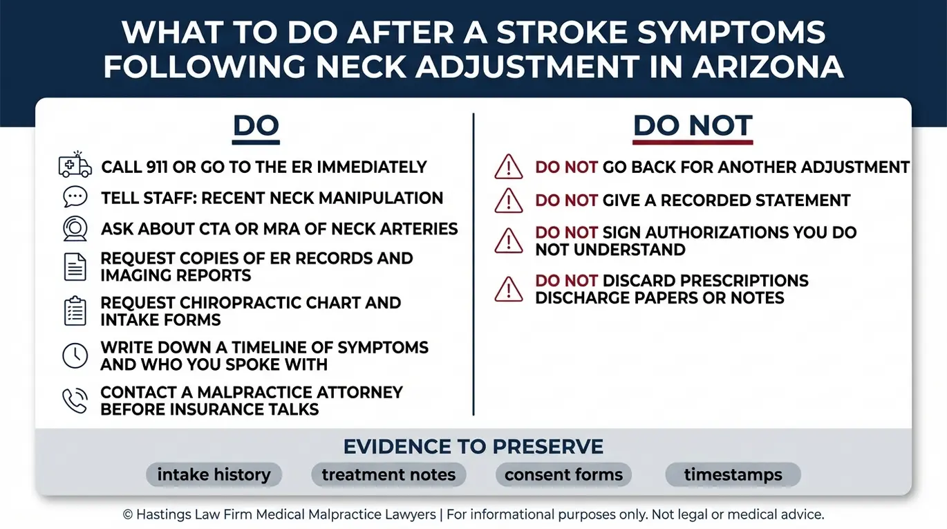 Warning checklist of immediate steps after stroke symptoms following neck adjustment including CTA or MRA records preservation and insurance cautions for an Arizona Chiropractic Stroke Lawyer claim.