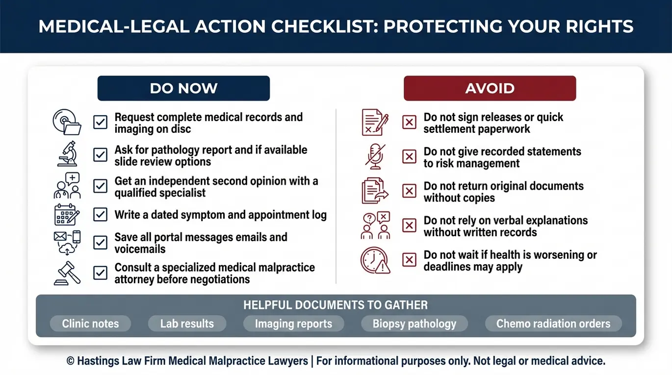 Lista de verificación de precauciones para un abogado especializado en negligencia médica oncológica de Arizona, en la que se describen las medidas que se deben tomar de inmediato ante la sospecha de un diagnóstico erróneo de cáncer, incluyendo la obtención de historiales médicos, la solicitud de segundas opiniones, la conservación de pruebas y cómo evitar el papeleo del gestor de riesgos.
