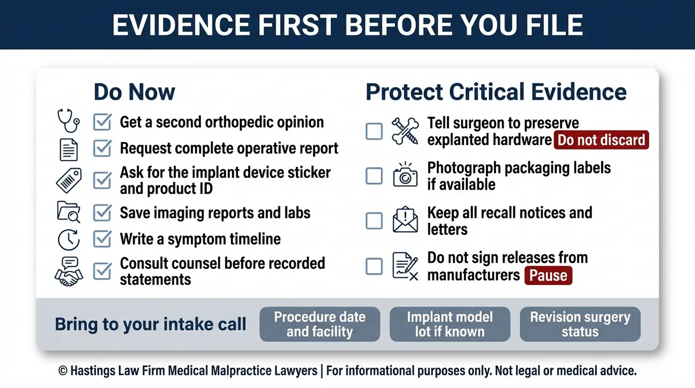 Warning checklist of steps to take before filing a defective joint replacement claim, tailored for an Austin Defective Joint Replacement Lawyer consultation, including preserving explanted hardware and obtaining the implant device ID sticker.