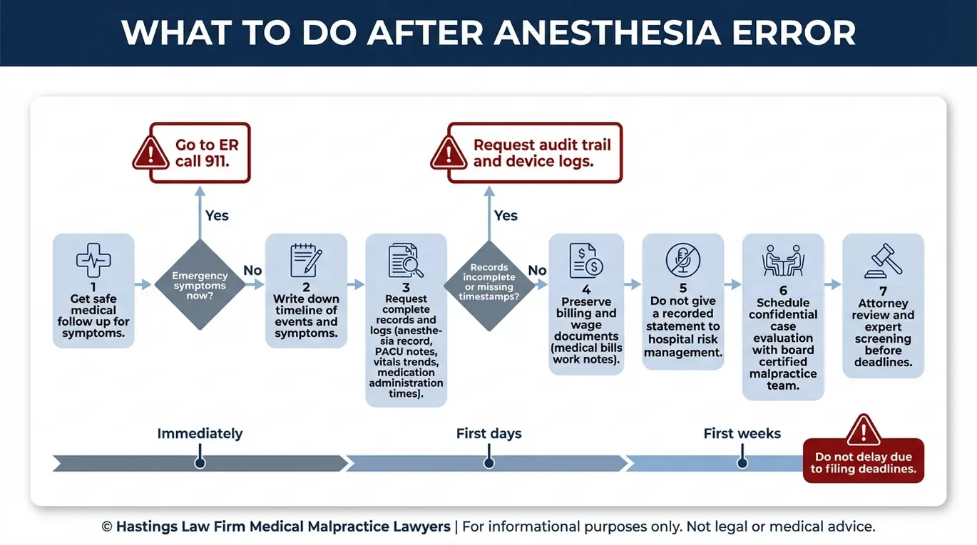 Diagrama de flujo paso a paso para pacientes sobre cómo documentar los síntomas, solicitar historiales médicos y evitar declaraciones del gestor de riesgos tras un incidente relacionado con una demanda ante un abogado especializado en errores de anestesia en Fort Worth.