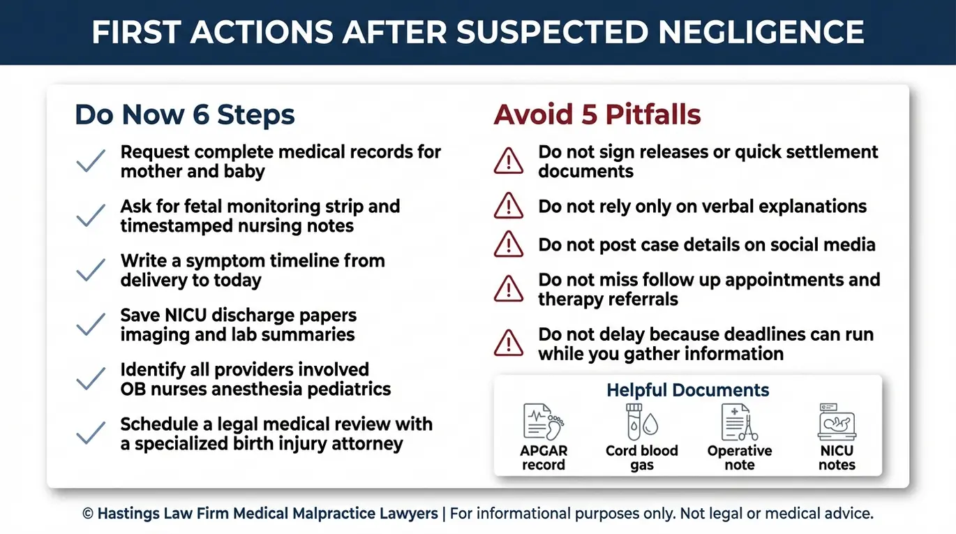 Lista de verificación de precauciones para ponerse en contacto con un abogado especializado en lesiones durante el parto en Houston, con medidas inmediatas que se deben tomar ante una sospecha de negligencia médica, entre ellas: obtener los registros médicos y las grabaciones de la monitorización fetal que documenten los síntomas, y evitar firmar cualquier documento de acuerdo con el hospital.